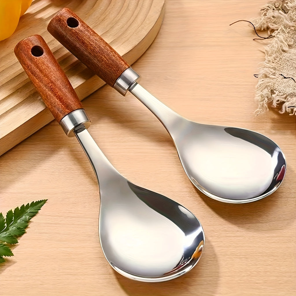 2pcs Wooden Handle Stainless Steel Soup Ladle - Non-Stick Kitchen Serving Spoon for Cooking, Home Dining &amp; Table Serving