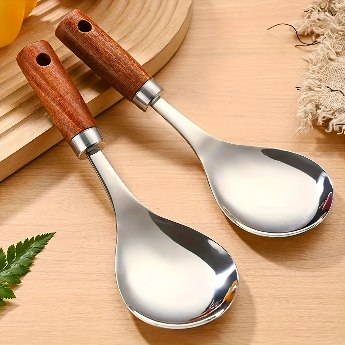 2pcs Wooden Handle Stainless Steel Soup Ladle - Non-Stick Kitchen Serving Spoon for Cooking, Home Dining &amp; Table Serving