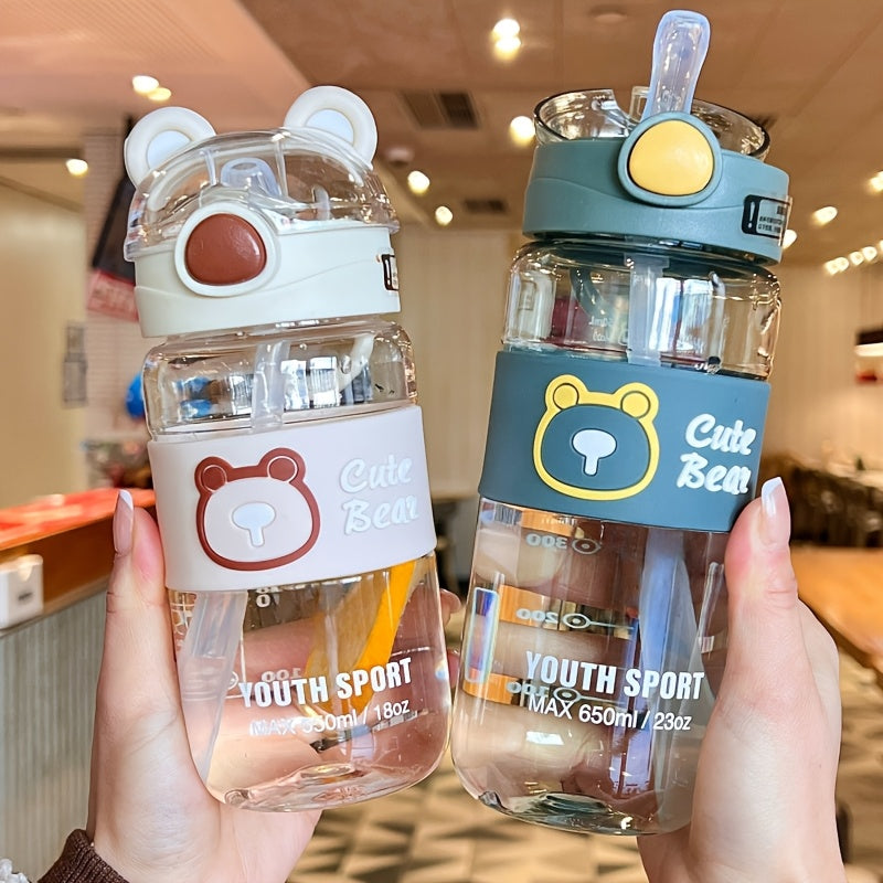 Gourde portable 550/650 ml ours cartoon avec paille et poignée, idéale pour école, sport, voyage et boissons été/hiver, parfait cadeau.
