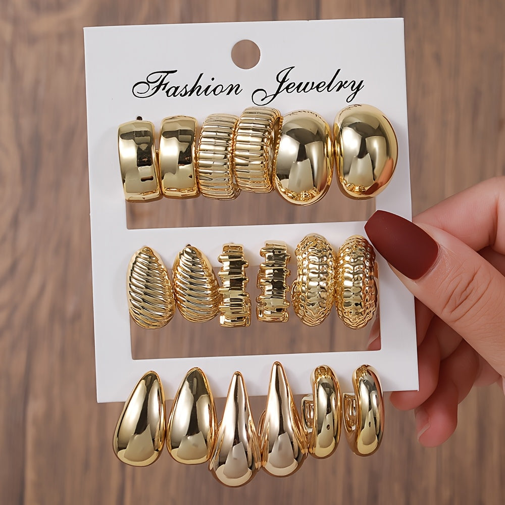 Lot de 6 ou 9 paires de boucles d’oreilles résine en C oversized, parfaites pour fêtes et cadeaux féminins.