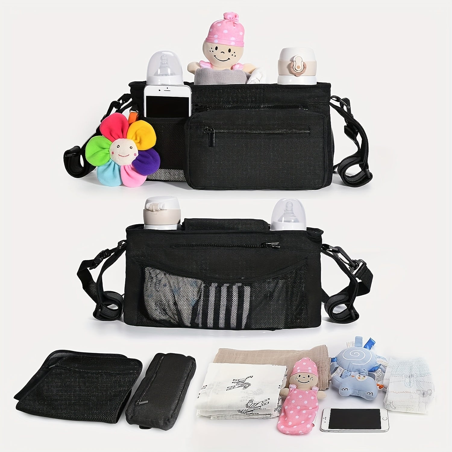 1pc Portable Stroller Hanging Bag - Large Capacity Organizer with Multiple Compartments, Adjustable Straps &amp; Mixed Colors for Travel, Outdoor, Shopping - Holds Diapers, Bottles, Toys, Stroller Storage Solution | Practical Acc