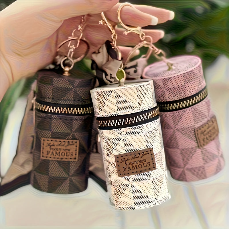 Three Colors Available - Round Coin and Lipstick Holder Wallet, Durable PU Material with Geometric Pattern Design, Black Zipper Closure, Golden Keychain Charm, Large Capacity Women's Travel Commute Mini Purse for Coins &amp; Cash