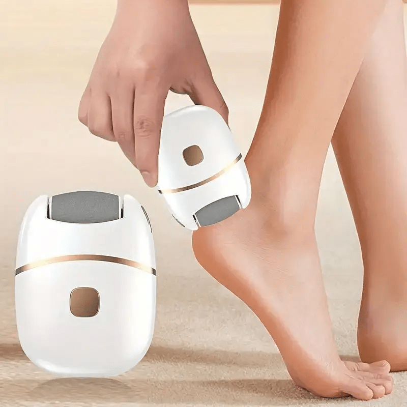 Rechargeable Electric Foot File with 6 Replaceable Heads for Dead Light Beige Removal and Polishing, USB Powered, Smooth Dual-Color Design in White &amp; Golden, Ergonomic Handle for Comfortable Use, Foot Scrubber, Foot Dead Skin