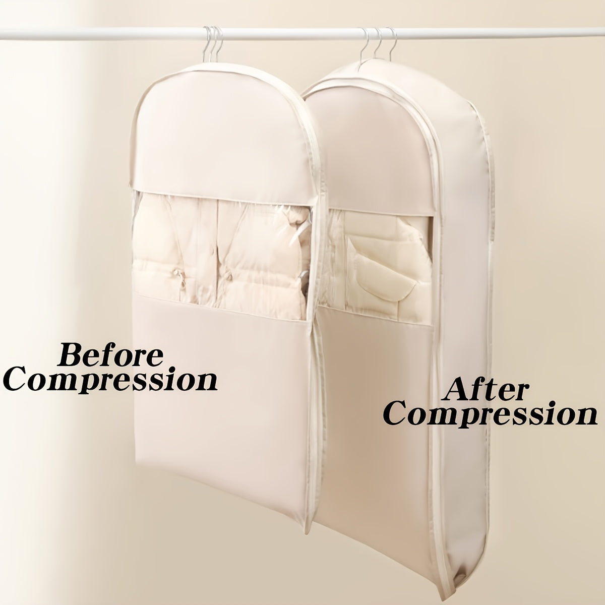 Housse suspendue compressible robuste avec fenêtre transparente, fermeture éclair et gain de place, idéale pour costumes, manteaux et vestes à domicile ou en voyage.