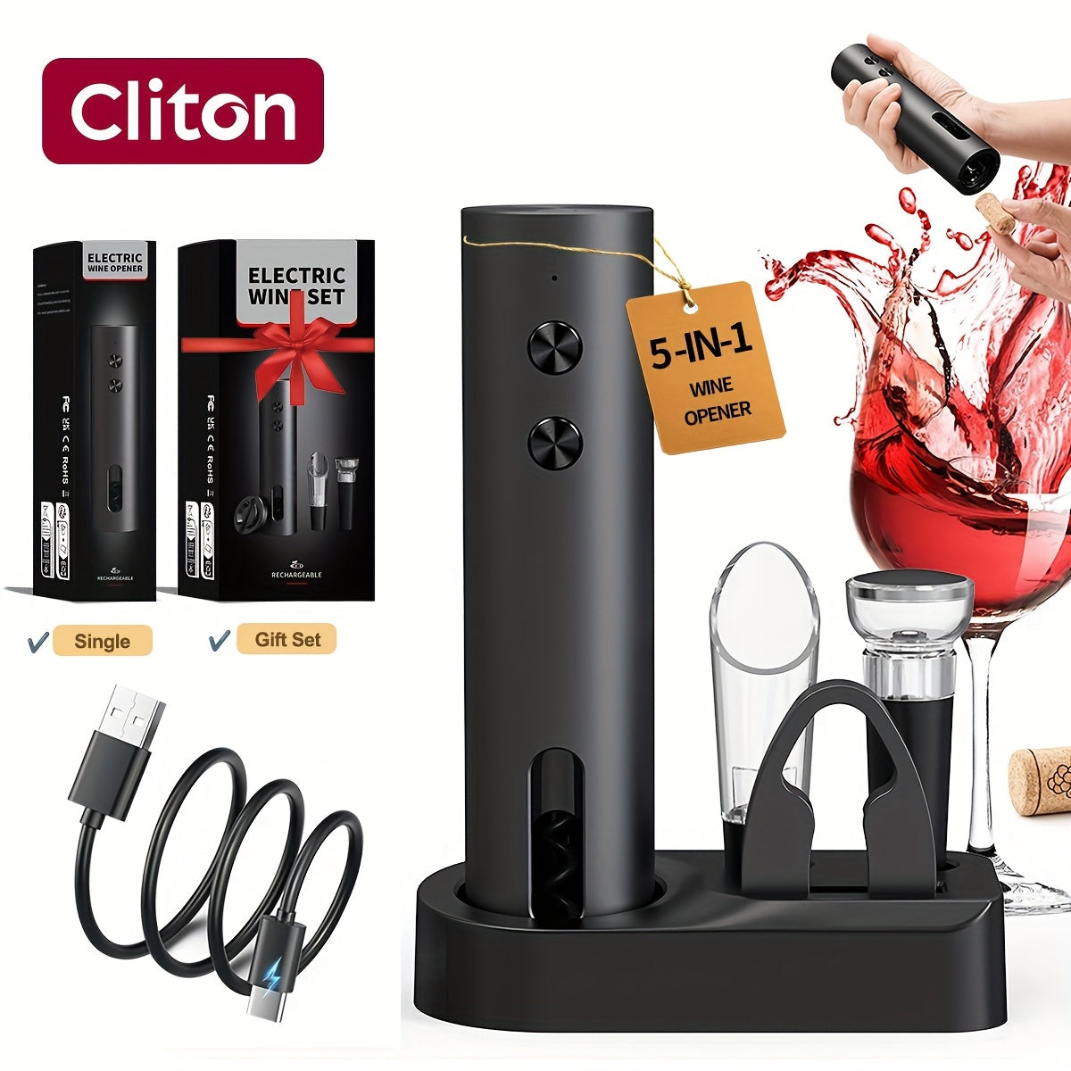 Tire-Bouchon Électrique Rechargeable : Avec coupe-capsule, verseur, bouchon sous vide et base de rangement, charge Type-C, parfait maison, fêtes et cadeaux.