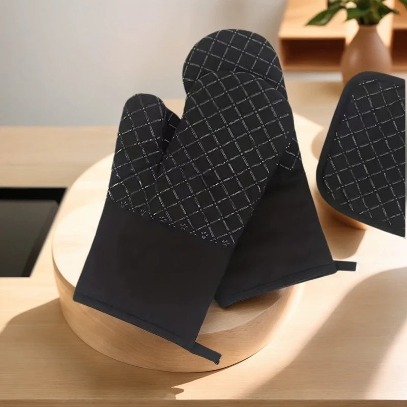 Ensemble gant et tapis de cuisine : polyester durable, facile à nettoyer, résistant à la chaleur. Accessoire essentiel pour une utilisation domestique quotidienne.