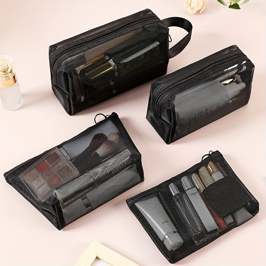Set de 4 pochettes en filet avec poignées – grand, moyen, petit, multifonction : maquillage, monnaie, documents, voyage ou maison.