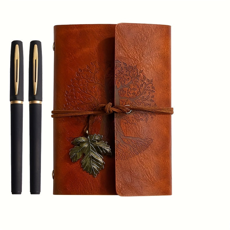 Coffret 3 pièces : carnet spiral vintage en cuir PU et 2 stylos gel noir et doré, design arbre, idéal pour écriture, croquis et voyage.