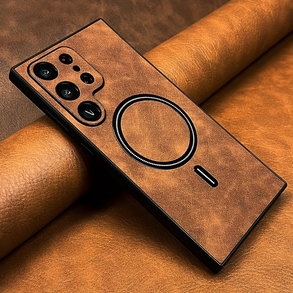 Coque de luxe en cuir PU rétro pour Samsung Galaxy, antichoc, compatible charge sans fil, finition mate élégante, protection haut de gamme et design sophistiqué.