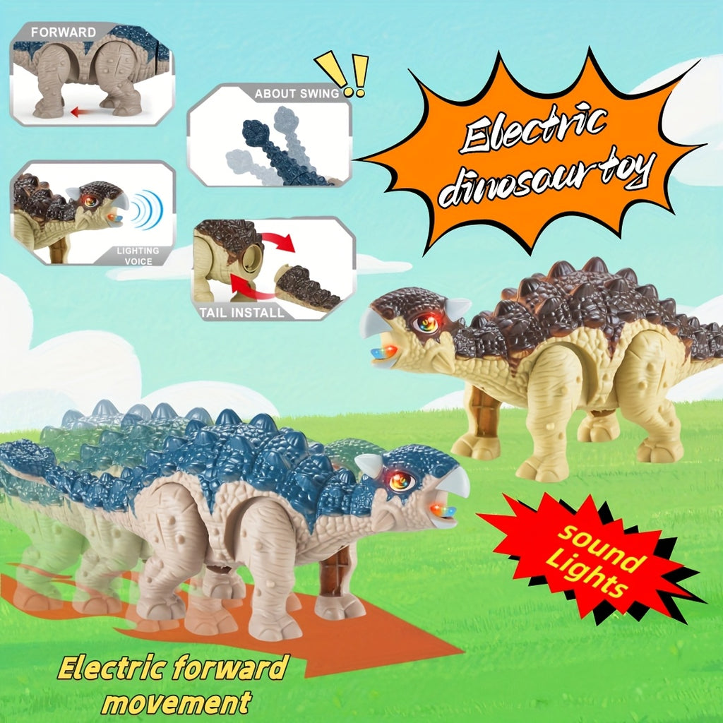 Jouet électrique dinosaure avec queue mobile, sons et lumières, modèles T-Rex, Tricératops, parfait cadeau Halloween, Noël ou anniversaire.
