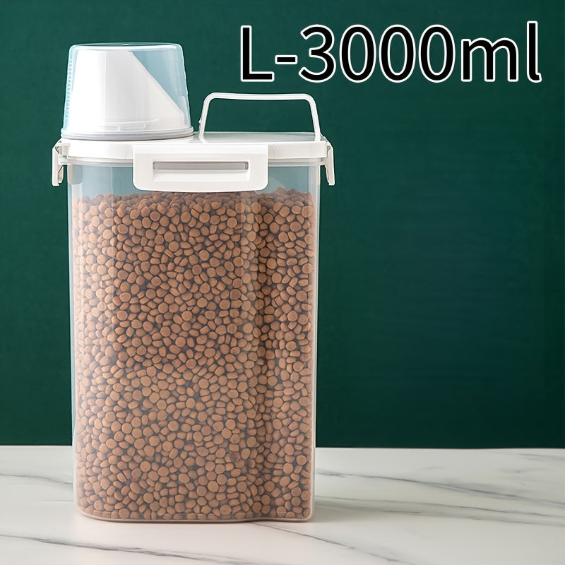1pc Airtight Pet Food Dispenser Container with Measuring Scoop - Transparent Window, Leakproof & Moisture-Proof, Cute, for Dogs, Cats, Kibble, Wet Food - Countertop or Cabinet Storage Organizer, Modern Kitchen Accessory, Dura