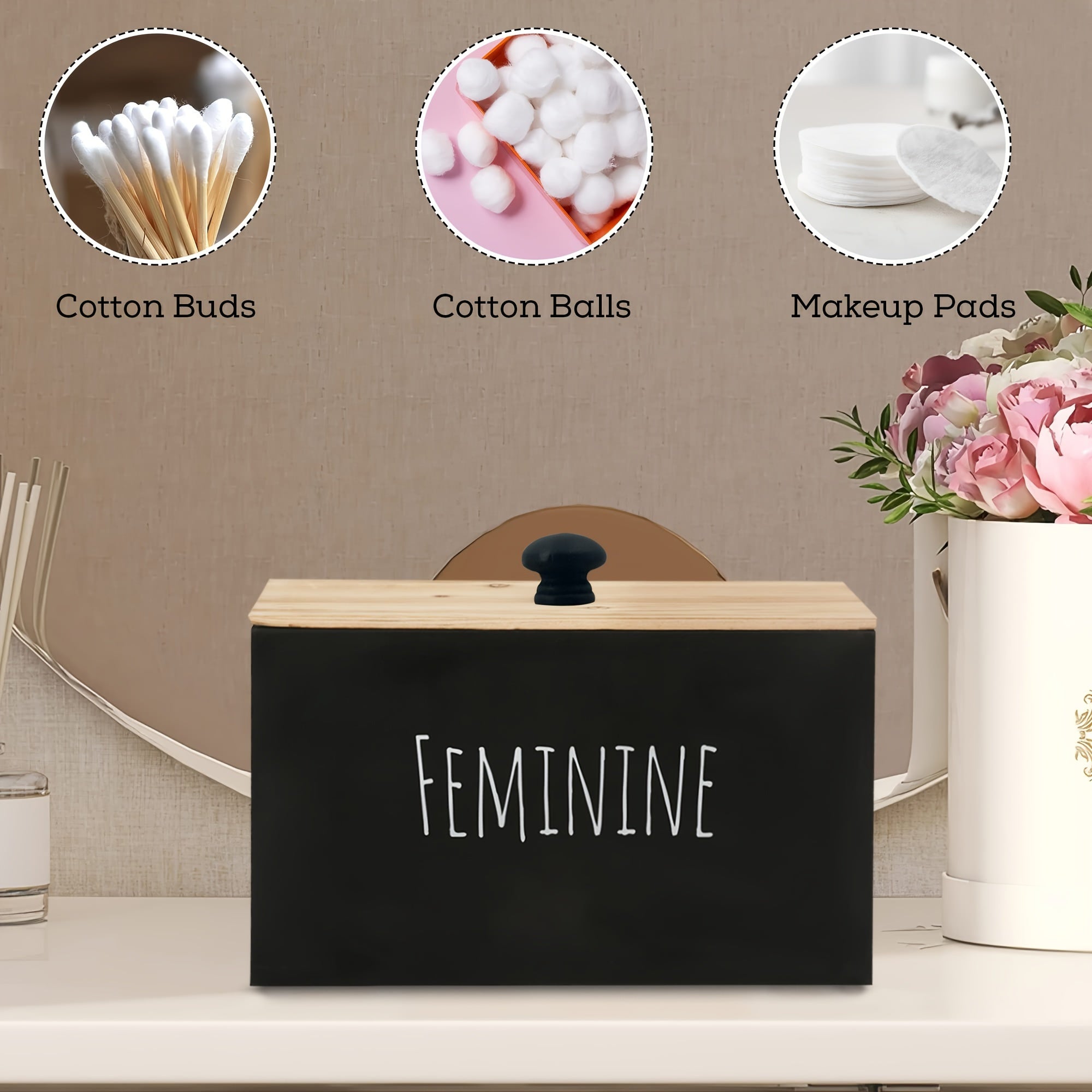 Heaven and Earth Solid Wood Desktop Storage Box with Lid - Multi-Purpose Organizer for Bathroom, Sanitary Pads, Makeup Pads & Household Essentials, Rectangular Design, No Power Needed, Bathroom Organizers And Storage, Minimal