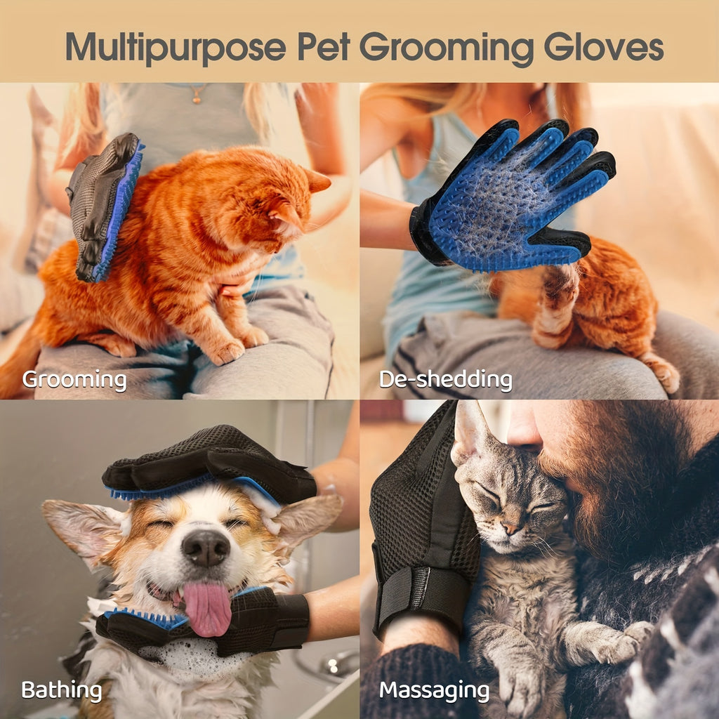 Lot de 2 gants de toilettage 2-en-1 pour animaux. Élimine poils et fourrure, massage et désépaississement pour chiens et chats.