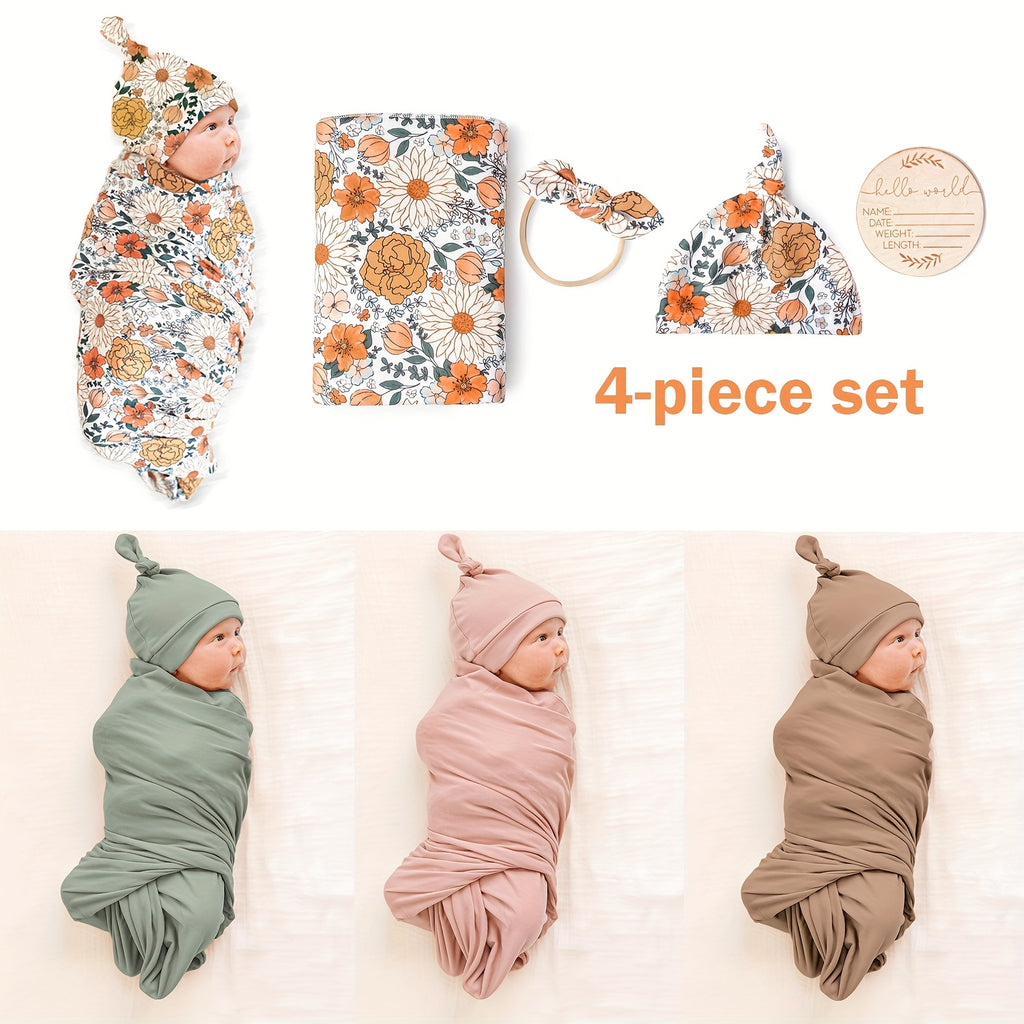 CINCOBEBÉ Newborn Swaddle Blanket &amp; Hat Set - Soft Polyester Baby Wrap with Floral Pattern, Machine Washable, Includes Headband &amp; Monthly Card, Perfect Gift for Boys and Girls, Newborn Essentials|Floral Pattern Blanket|Polye