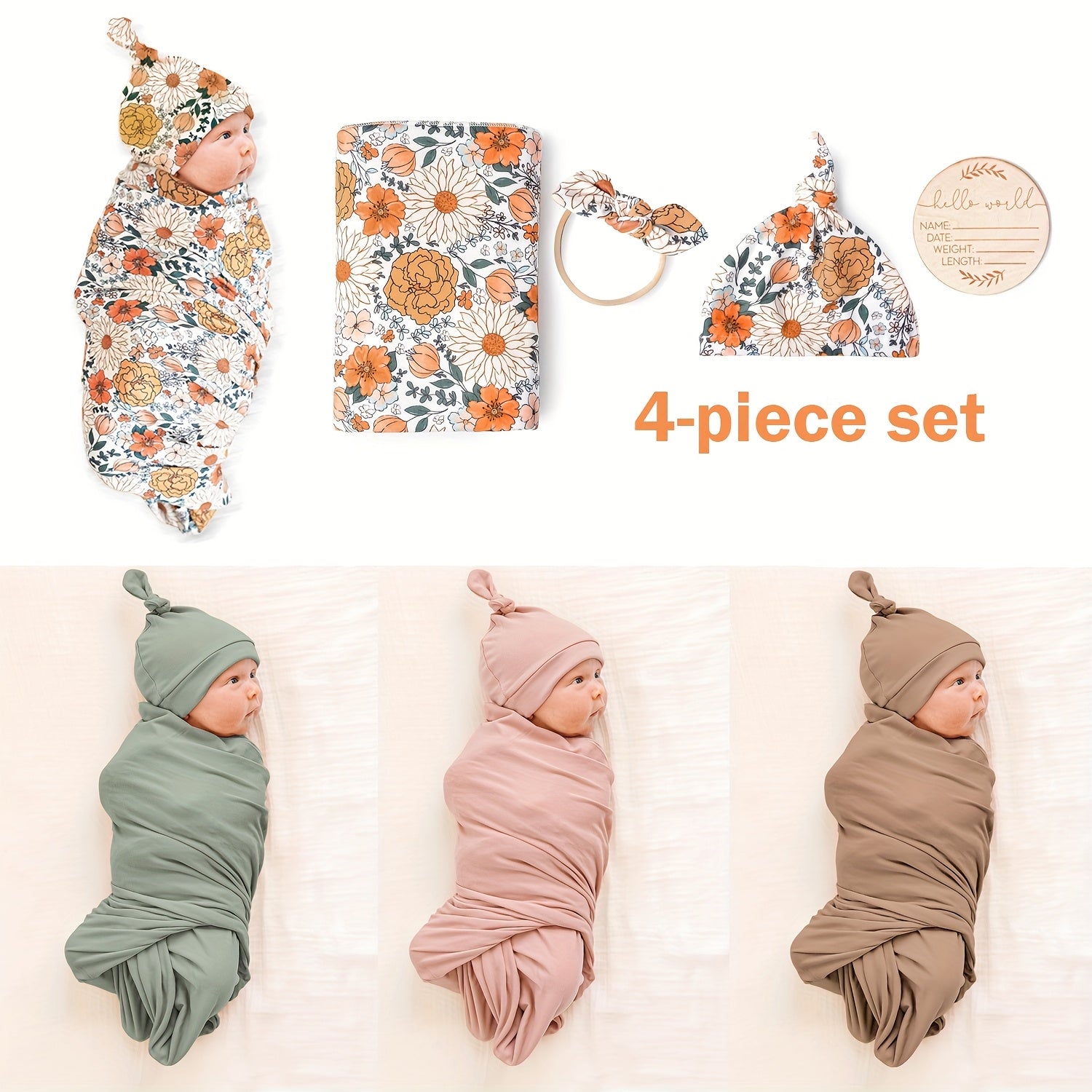CINCOBEBÉ Newborn Swaddle Blanket &amp; Hat Set - Soft Polyester Baby Wrap with Floral Pattern, Machine Washable, Includes Headband &amp; Monthly Card, Perfect Gift for Boys and Girls, Newborn Essentials|Floral Pattern Blanket|Polye