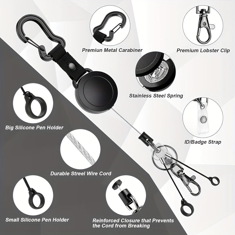 Lot de 2 porte-badges rétractables, lanière ajustable, 2 porte-stylos, clip mousqueton, idéal bureau, cartes et clés sécurisées.
