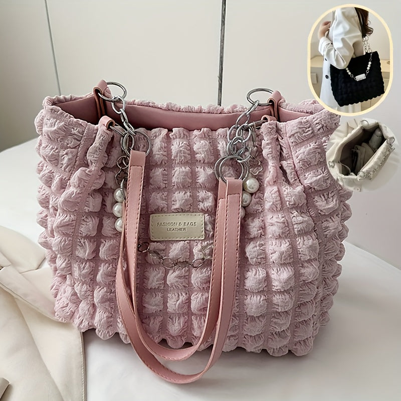 1pc Summer Sweet Clouds Tote Bag, Large Capacity Nylon Shoulder Bag for Women, Soft Handbag with Zipper Closure, 4 Colors (White/Pink/Green/Black), City Theme, Polyester Lining, Perfect for Commuting &amp; Outings