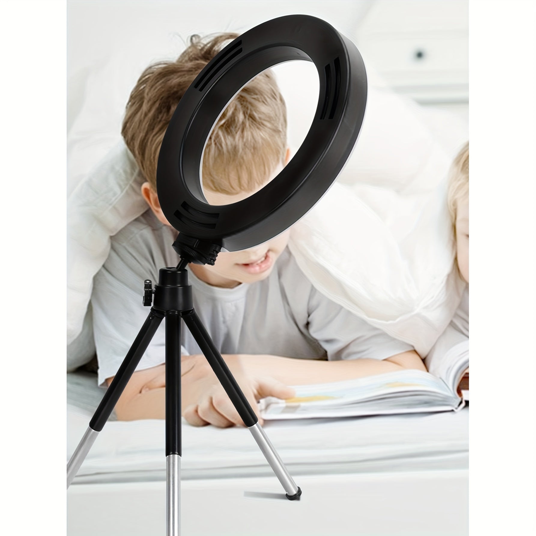 Anneau lumineux rotatif 360°, idéal streaming, maquillage et lampe de bureau, alimentation USB, trépied extensible, compatible avec la plupart des appareils.