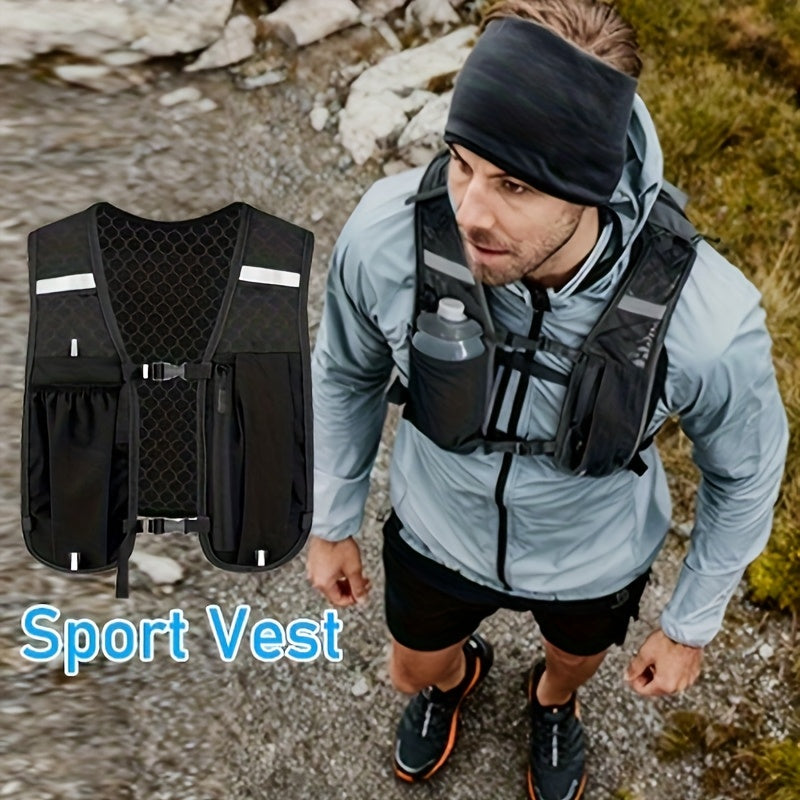Sac à dos sportif type gilet avec poches multiples, mesh respirant, design ergonomique, idéal pour course, randonnée et hydratation mains libres.