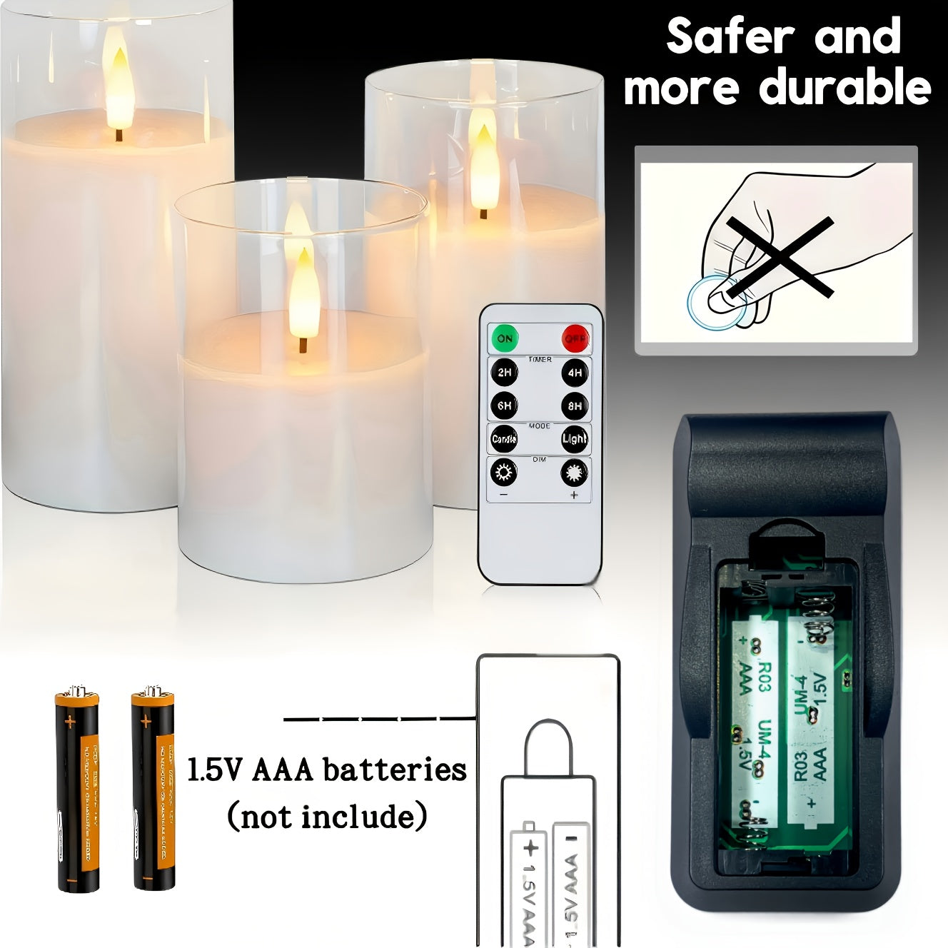 مجموعة من 3 شموع LED بلاستيكية أكريليك بدون لهب | جهاز تحكم عن بعد ومؤقت لمدة 2/4/6/8 ساعات، تأثير وميض واقعي، تعمل ببطارية AAA (باستثناء البطاريات) لأعياد الميلاد وديكور المنزل والحفلات والهالوين وحفلات الزفاف - للاستخدام اليومي