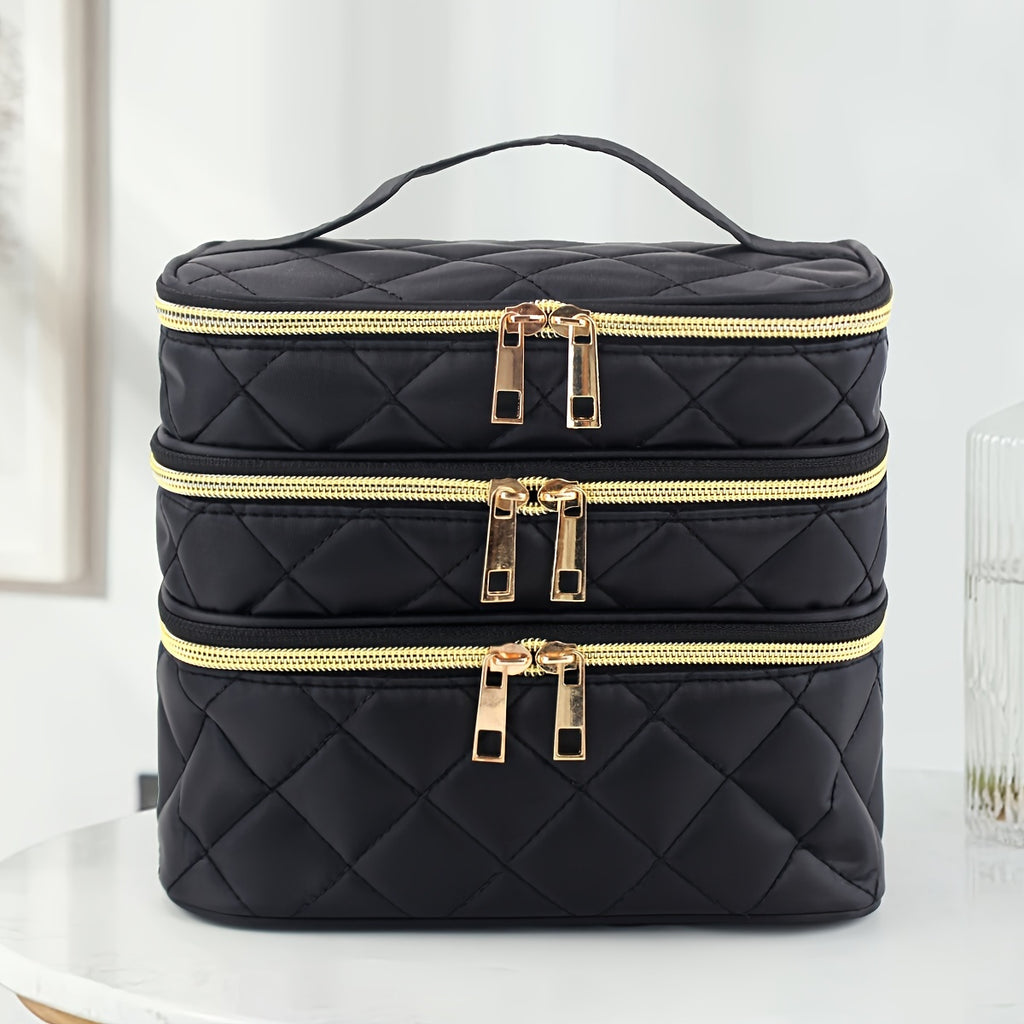 Unisex-adult Quilted Cosmetic Bag - 3-Layer Large Storage Pouch with Handles, Polyester Unscented Travel &amp; Home Organizer