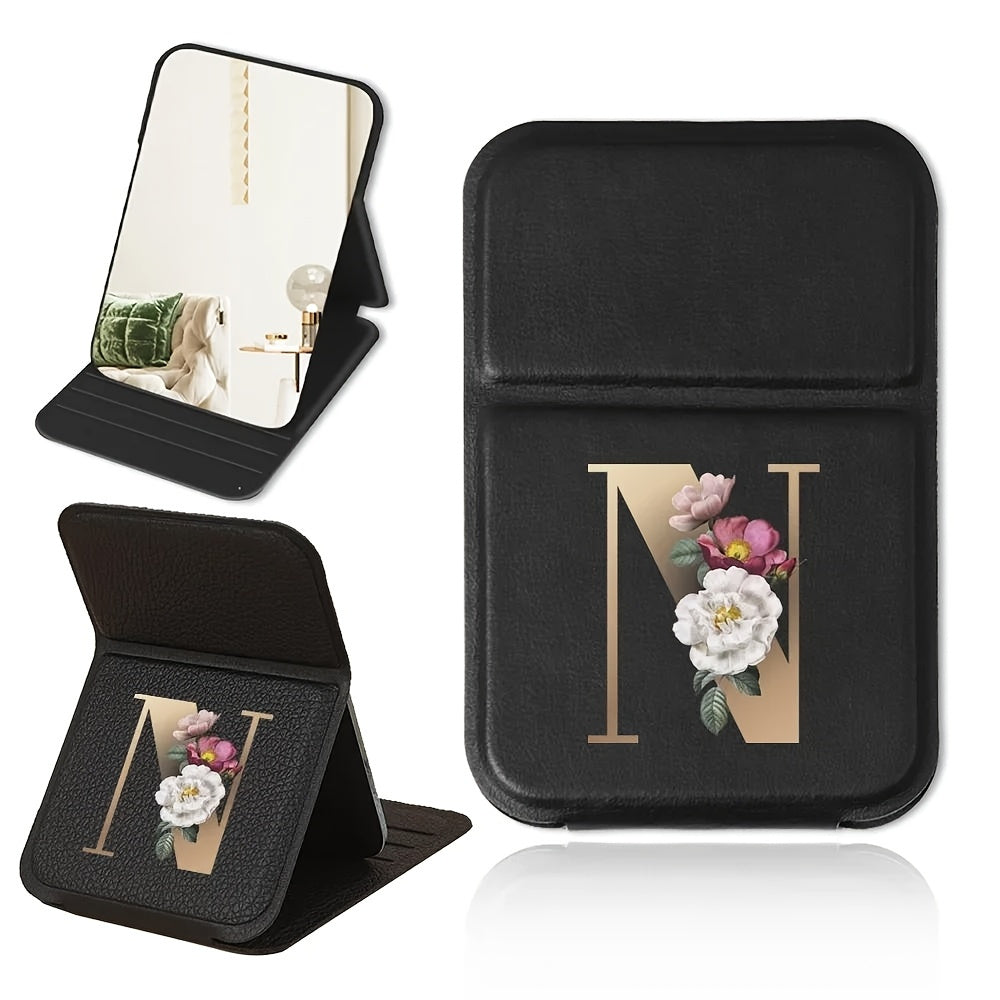 Miroir de maquillage pliable portable, design floral noir et doré, léger, étanche et anti-poussière, parfait cadeau pour enseignants et proches.