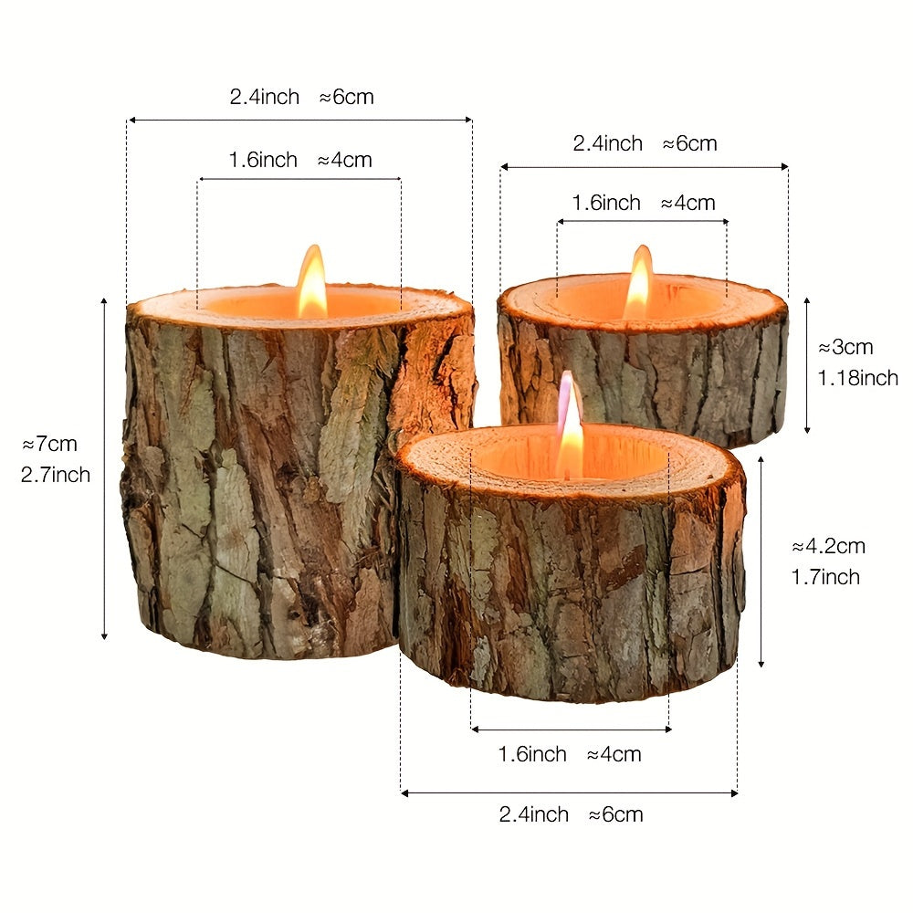 Rustic Wooden Candle Holder Set - 3 Sizes (3.0cm, 4.32cm, 6.86cm) for Holiday Decor, Perfect for Christmas, Halloween, Thanksgiving &amp; New Year's - Tabletop Display, No Batteries Required