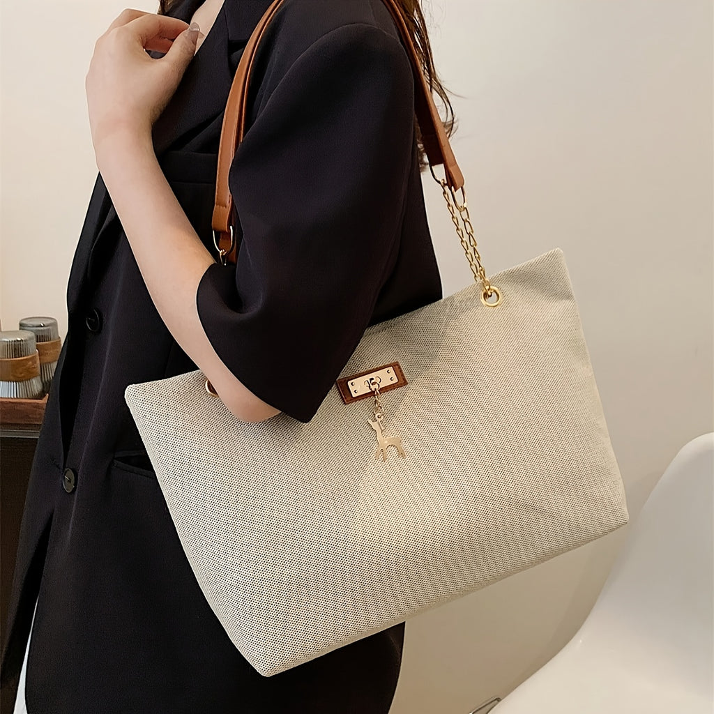 Sac fourre-tout en polyester tendance, grande capacité, bandoulière réglable, fermeture zippée, orné d’un charm cerf, style besace pour femme.