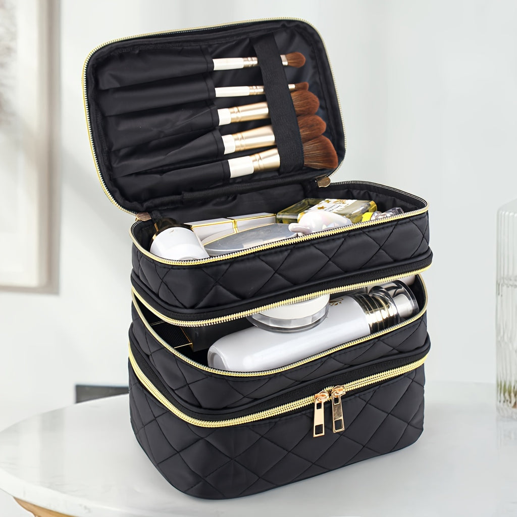 Unisex-adult Quilted Cosmetic Bag - 3-Layer Large Storage Pouch with Handles, Polyester Unscented Travel &amp; Home Organizer