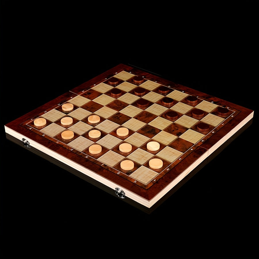 Jeu d’échecs en bois 3‑en‑1, pliable et portable, tailles 24 cm et 34 cm, idéal pour parties à emporter.