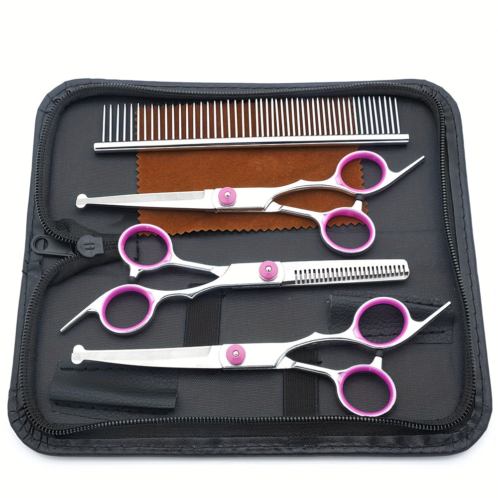 Kit de toilettage 5-en-1 pour chiens. Ciseaux professionnels avec tête ronde, ciseaux effileurs, adapté pour chiens et chats.