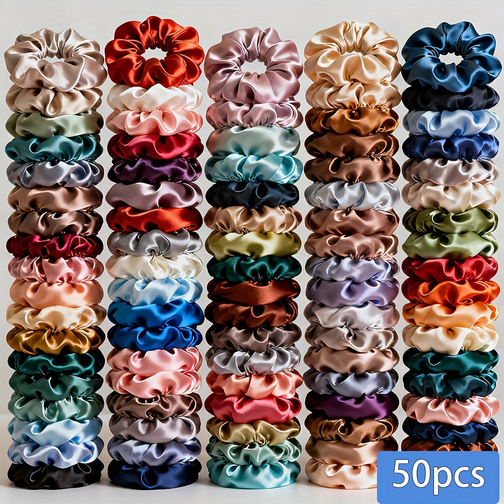 50pcs Satin Scrunchies - Elegant Hair Ties with Pastel &amp; Vibrant Colors (Pink, Green, Purple, Orange, Red, Yellow, Brown, Teal, Navy, Light, Dark, Light Green, Dark Green, Light Purple, Dark Purple, Light Orange, Dark Orange,