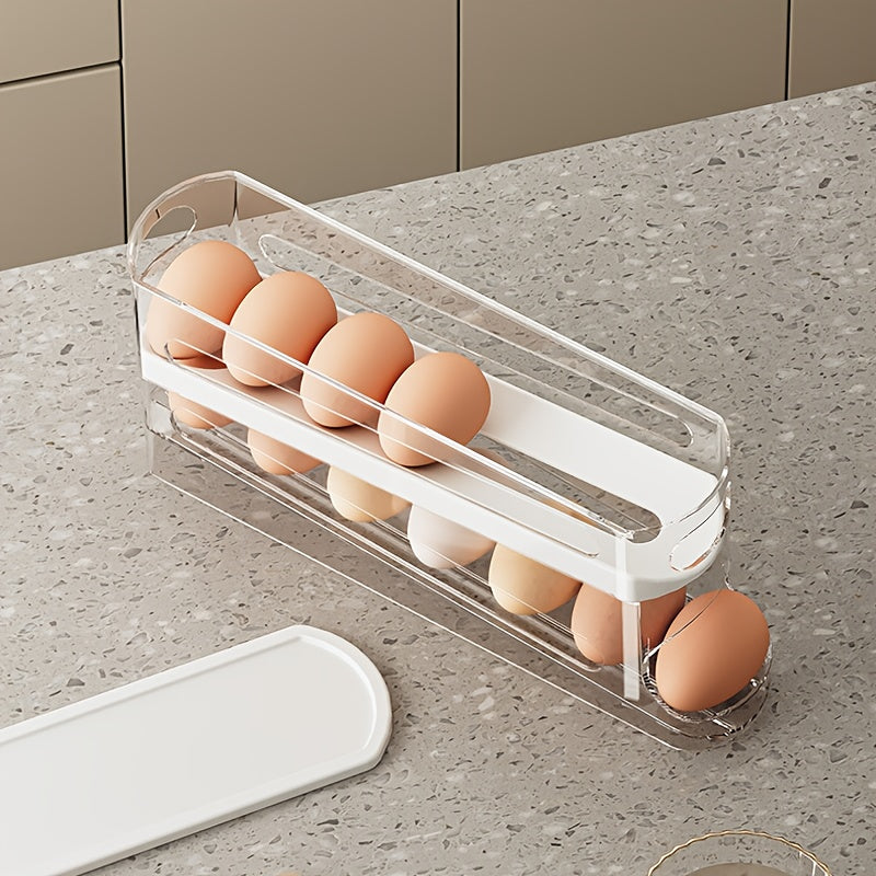 1 Space-Saving Double-Layer Transparent Automatic Rolling Egg Storage Box with Lid - Heavy-Duty PP Plastic, 4-Tier Egg Organizer for Fridge Door and Countertop, Food-Safe Kitchen Storage Solution, Essential Refrigerator Egg H