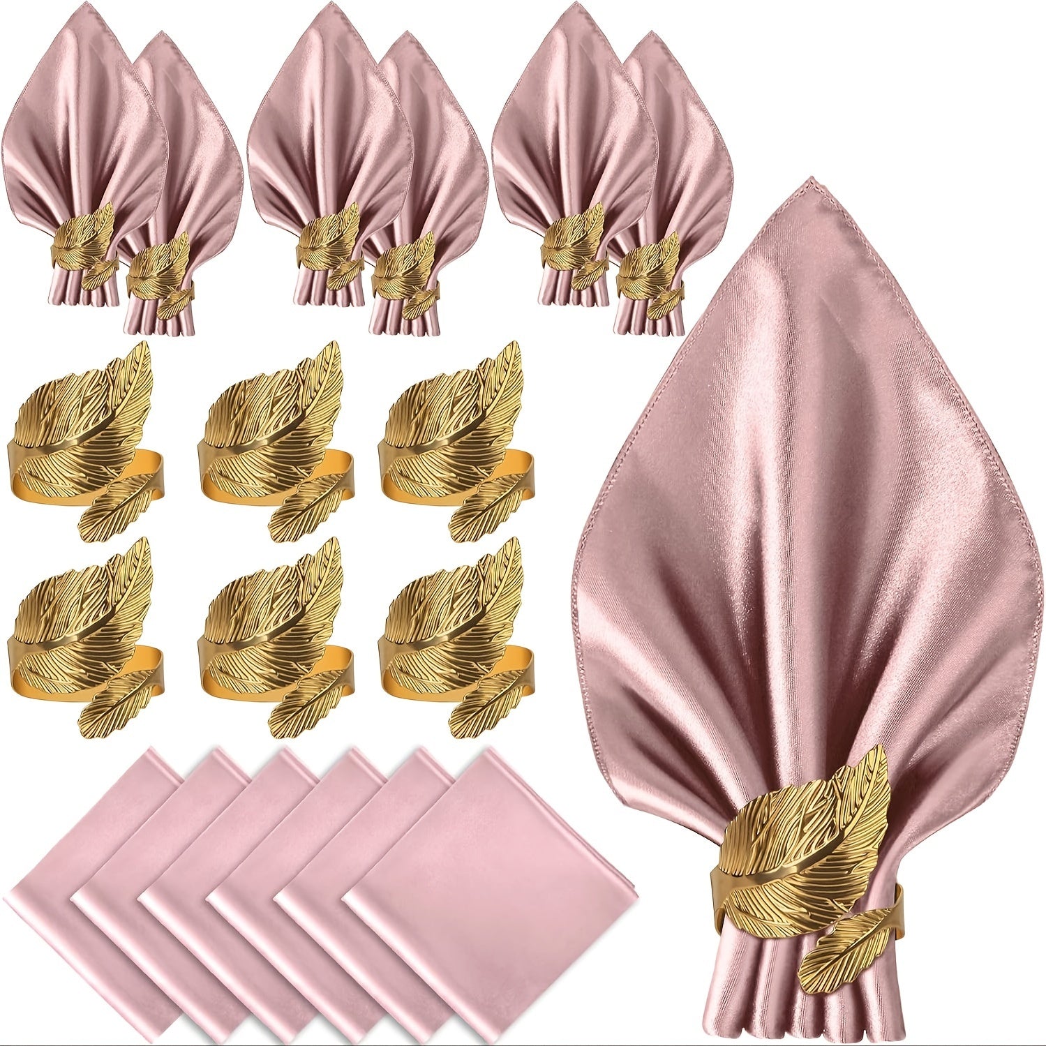 Lot VIJIV 12 pcs : 6 ronds de serviette dorés et 6 serviettes satin 17×17 cm, idéal mariages et fêtes.