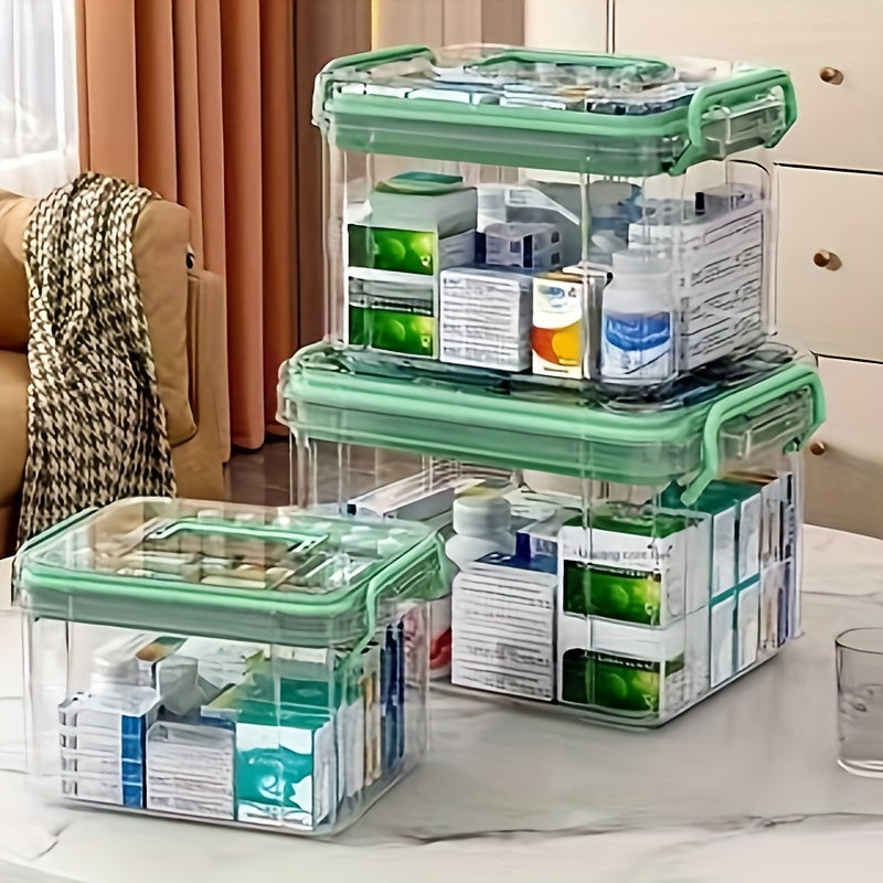 Boîte de rangement multifonctionnelle en plastique avec fermeture à clip, étanche et empilable, idéale pour médicaments, accessoires et organisation domestique.