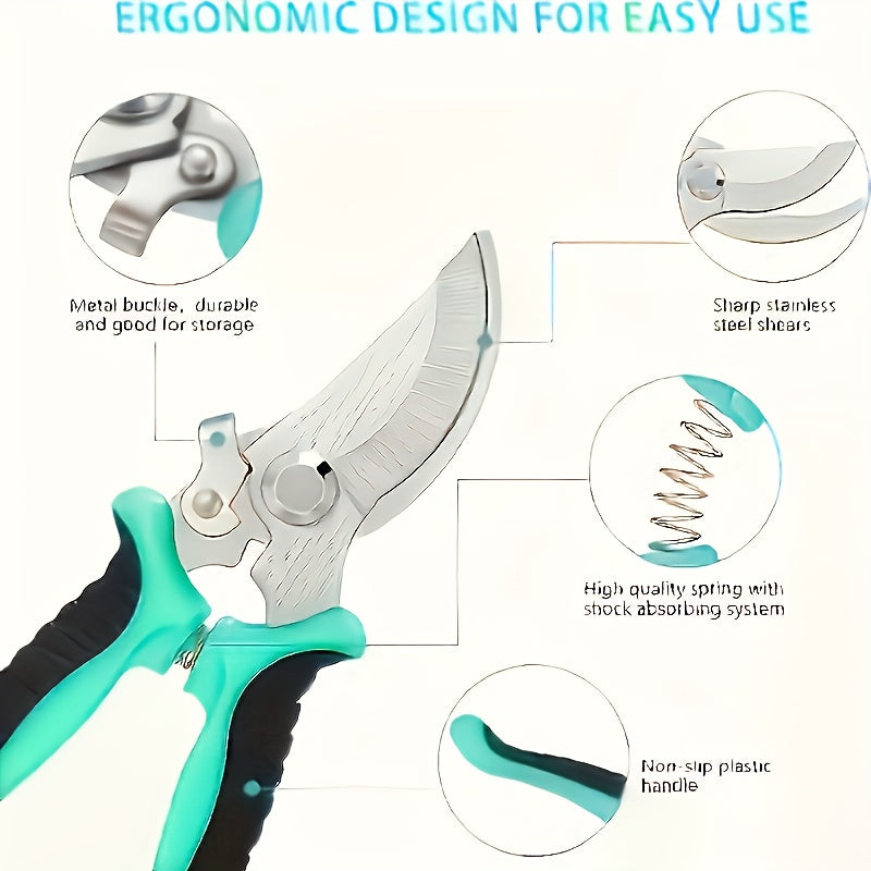 مقص الحديقة هذا مفيد جدًا! يتميز بمقبض أخضر وأسود مريح، وآلية زنبركية تُسهّل فتحه وإغلاقه.