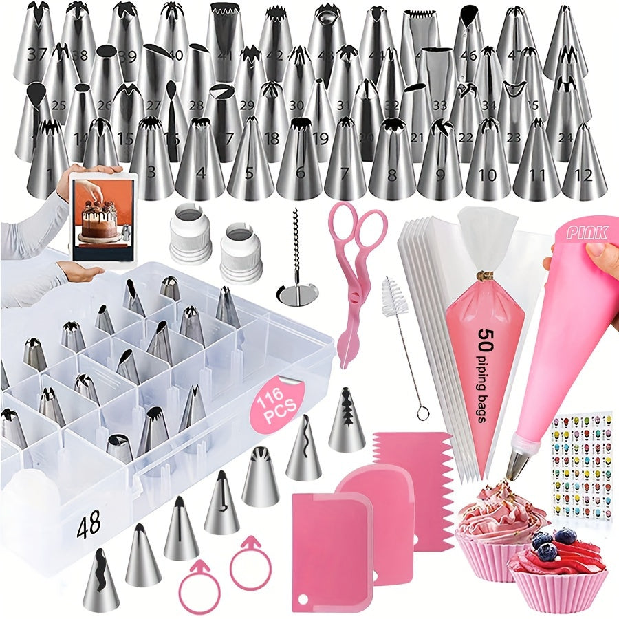 Set de 116 outils de décoration de gâteaux, includes poches à douille, embouts, raclette, pour pâte, glaçage et pâtisseries, avec boîte de rangement.
