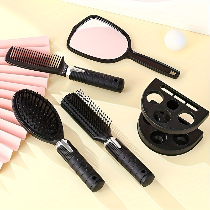 4pcs Professional Salon Hair Styling Set, Scent-Free Brushes for All Hair Types with Mirror &amp; Holder - Black, Hair Brush
