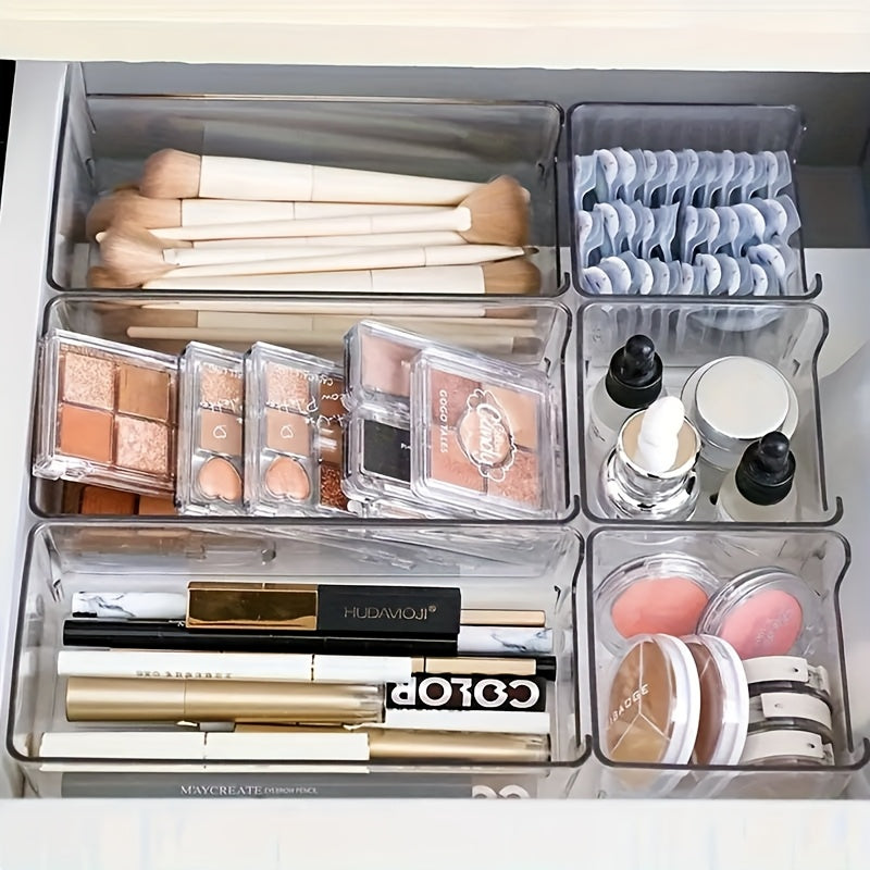 Set de 7 organiseurs transparents pour maquillage, empilables et modulables, parfaits pour cosmétiques, fournitures de bureau et rangement de comptoir.