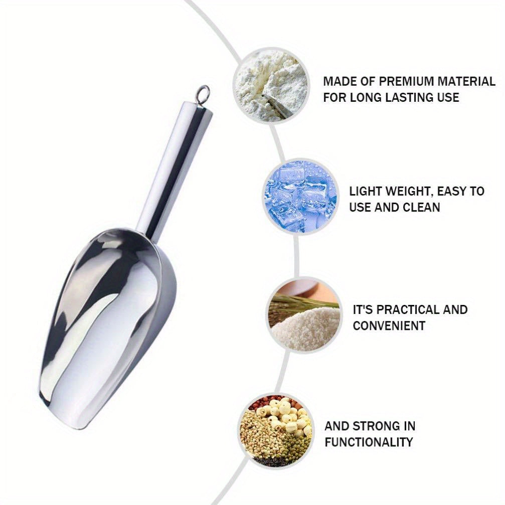 Lot de 3 pelles en acier inoxydable épaisses, multi-usages pour glace, aliments pour animaux, céréales, farine, sucre, riz, durable pour cuisine, bar ou fêtes.