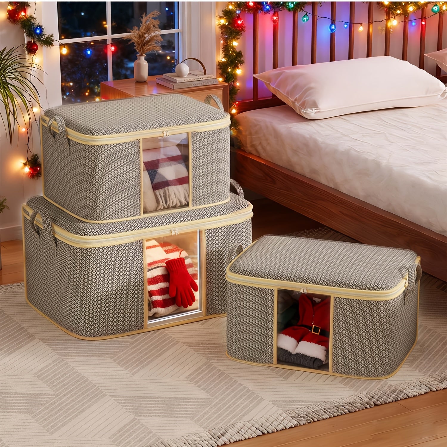 TUZA 1pc Large Heavy-Duty Soft Non-Woven Fabric Storage Bag with Zipper Closure, 4 Carry Handles &amp; Window - Queen/King Comforter, Bedding, Blanket, Clothes Organizer - Heavy Items Capacity (Bed Pillows, Protectors)