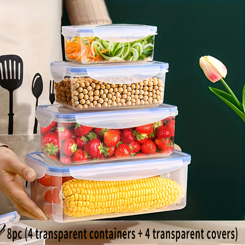 8pcs Set Multi-Size Kitchen Fresh-Keeping Plastic Lunch Boxes | 4 Containers + 4 Lids, Rectangular, Flip Top Closure, Reusable, Microwaveable, Anti-Odor, Ideal for Vegetables, Fruits, Snacks Storage, Freezer Safe, Space-Savin