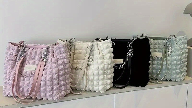 1pc Summer Sweet Clouds Tote Bag, Large Capacity Nylon Shoulder Bag for Women, Soft Handbag with Zipper Closure, 4 Colors (White/Pink/Green/Black), City Theme, Polyester Lining, Perfect for Commuting &amp; Outings