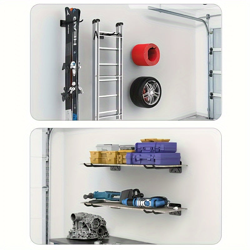 1pc Heavy-Duty Iron Wall-Mounted Tool Rack - Multi-Purpose Garage &amp; Garden Organizer for Shovels, Rakes, Brooms - Space-Saving Black Storage Hook, Perfect Father'S Day Gift, Garage Storage Rack, Sleek Metallic Finish, Sturdy