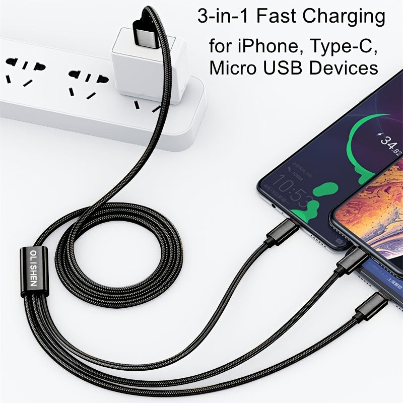 2pcs 3-in-1 Fast Charging Cable | Durable Nylon Braided, Compatible with iPhone, Samsung, Xiaomi, Oppo, Vivo, Redmi, OnePlus & More, Supports USB Charging, 10W Output Power