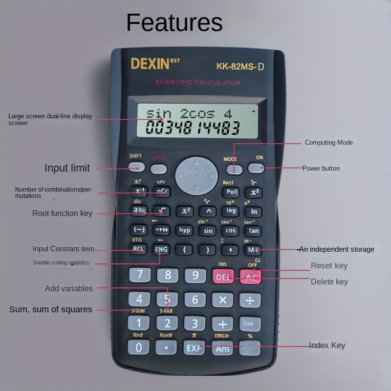 Calculatrice scientifique noire, multifonction, conçue pour étudiants et examens, idéale pour calculs complexes, sans pile, durable et pratique.