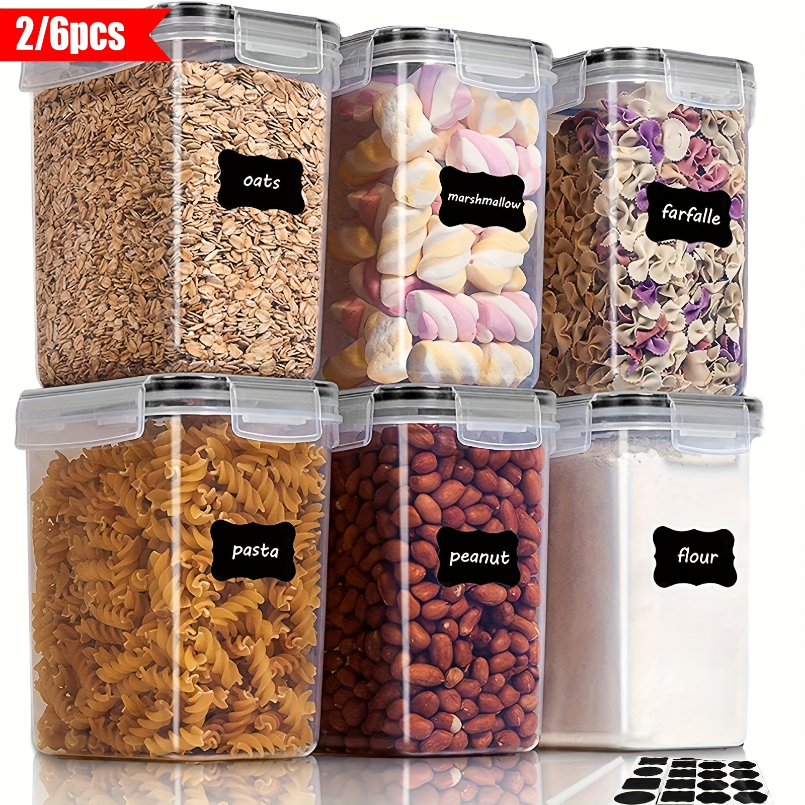 2/6pcs Cereal Storage Container Set 1.6L / 54oz, for Cereal,Flour,Sugar,Baking Supplies, Plastic Airtight Food Storage Containers,with Labels