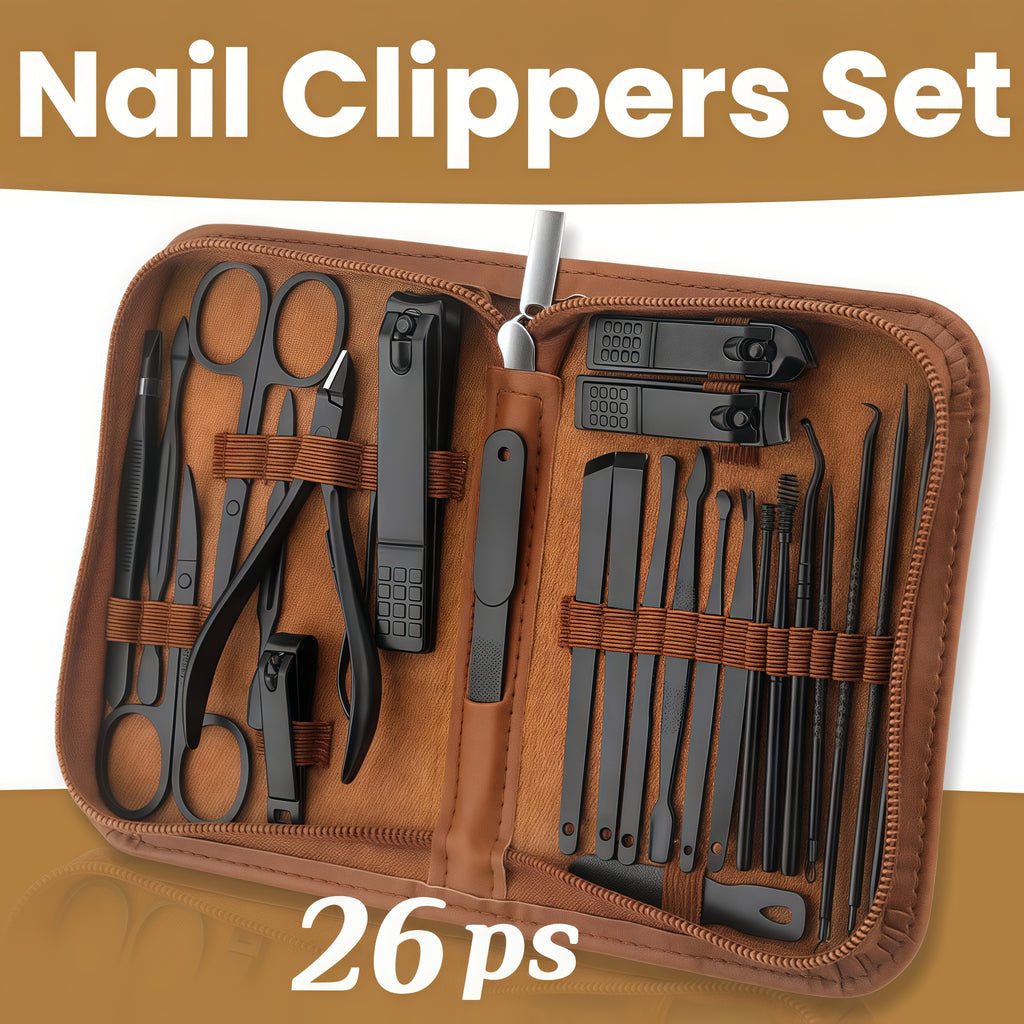 26-in-1 Professional Manicure Pedicure Set - Heavy-Duty Black Stainless Steel Complete Nail Care Kit with Leather-like Travel Case, Foldable Grooming Tools (Nail Clippers, Cuticle Trimmer, Remover, Cuticle Pusher) for Men &amp; W