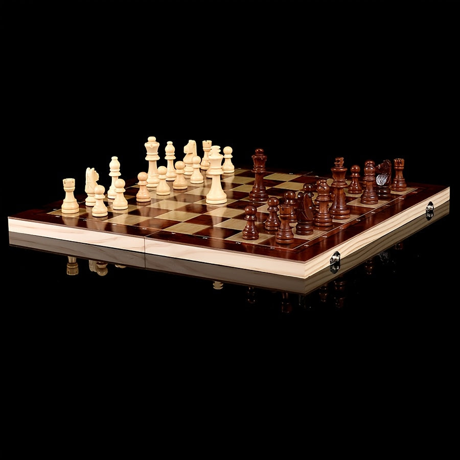 Jeu d’échecs en bois 3‑en‑1, pliable et portable, tailles 24 cm et 34 cm, idéal pour parties à emporter.