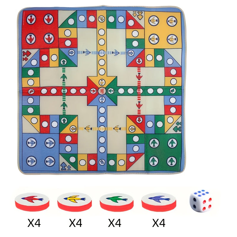 Jeu de ludo de luxe façon tapis, avec 16 pions, dés, pliable et portable, parfait pour famille, fêtes et cadeaux.
